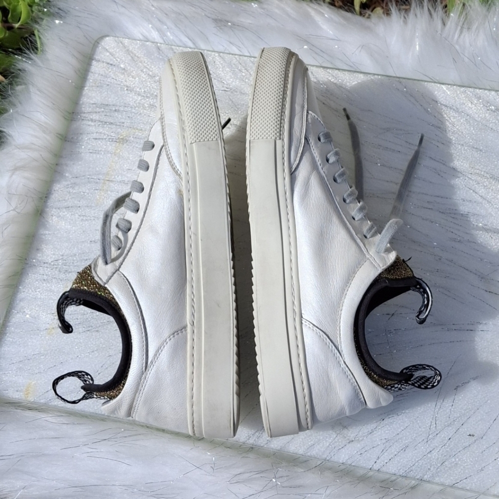 P448 You Can Surf Later White Leather Gold Glitter Tongue Sneakers Women Size 9 - Picture 6 of 16
